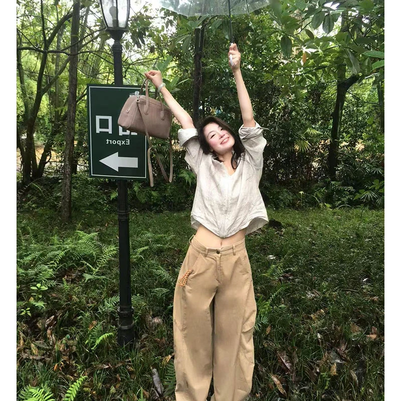 夏季度假风休闲百搭时尚洋气长袖上衣高腰显瘦宽松阔腿裤长裤套装