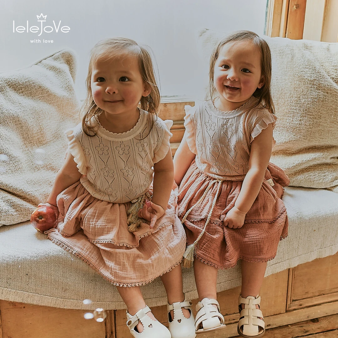 lelejove北欧风女童凉感背心女宝小飞袖镂空提花透气T恤5AU32363