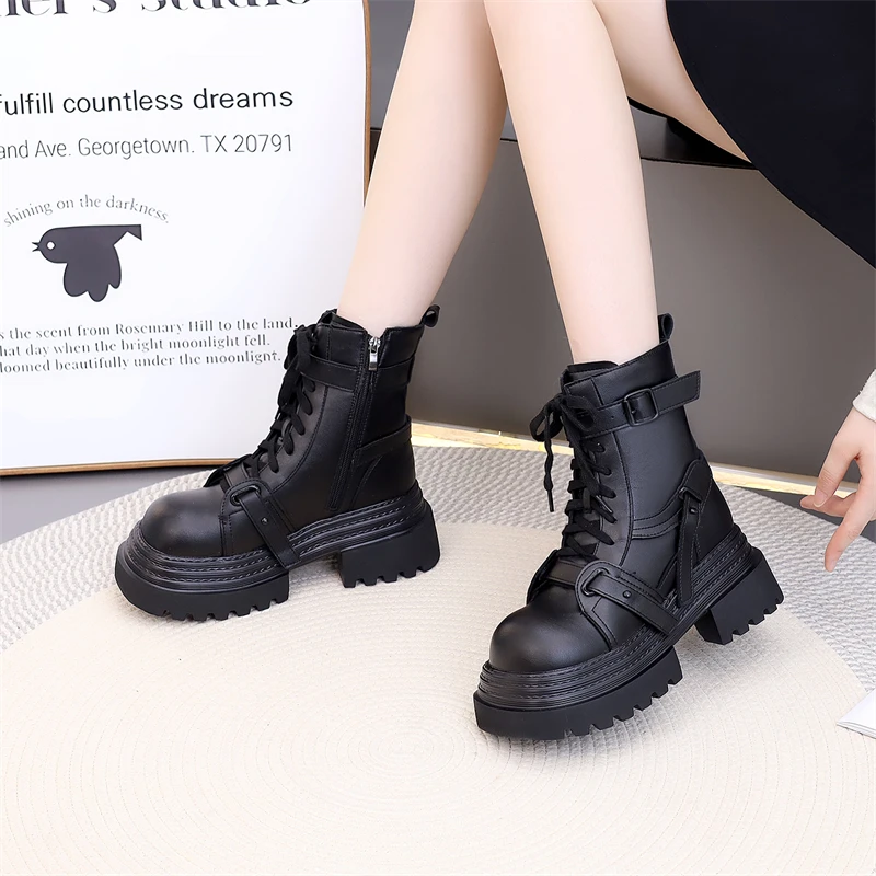 2025爆款松糕真皮厚底增高马丁靴女新款英伦时尚小个子加绒短靴潮