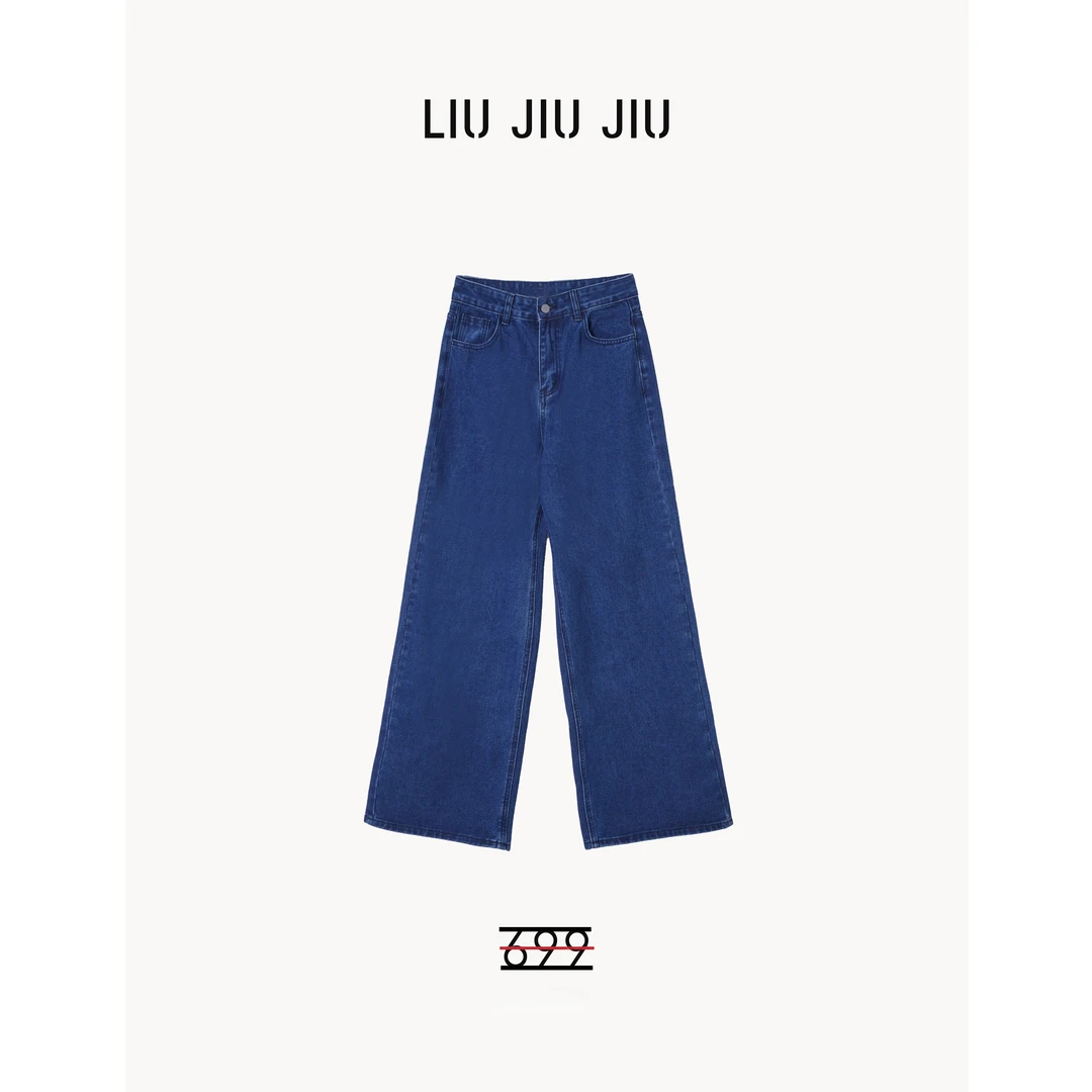 LIUJIUJIU 韩版设计感蓝色牛仔直筒裤夏季新款水洗牛仔裤KZ4476L