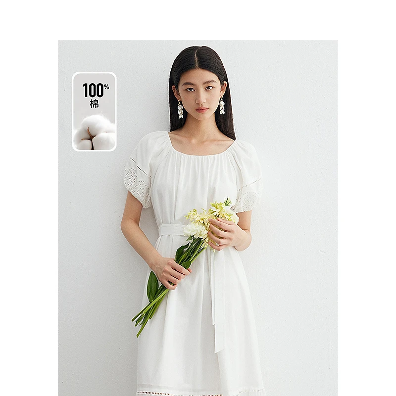 迪赛尼斯夏季通勤气质优雅拼接长裙米白泡泡袖方领连衣裙