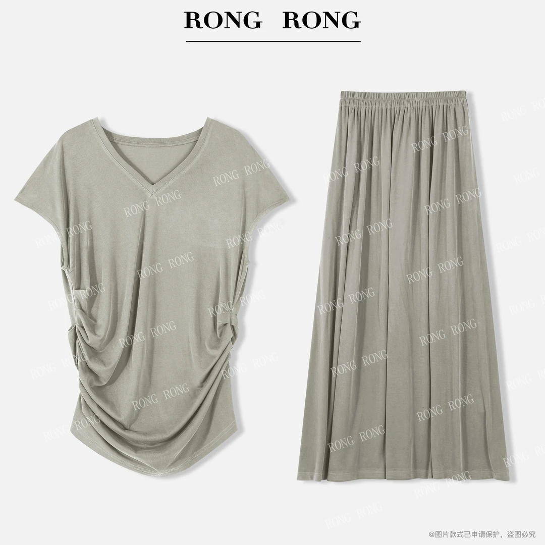 溶溶【简写暮色】RONG 设计感压褶飞飞袖短袖上衣半裙套装W-Z0360-2