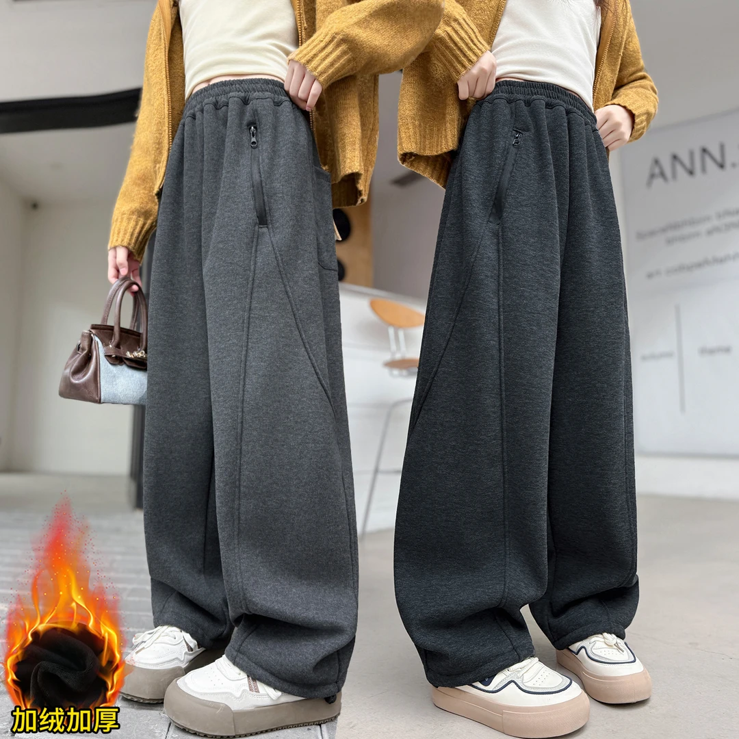 小女孩女童毛呢拉链休闲裤洋气6-12岁弯刀裤显瘦秋冬直筒裤中大童