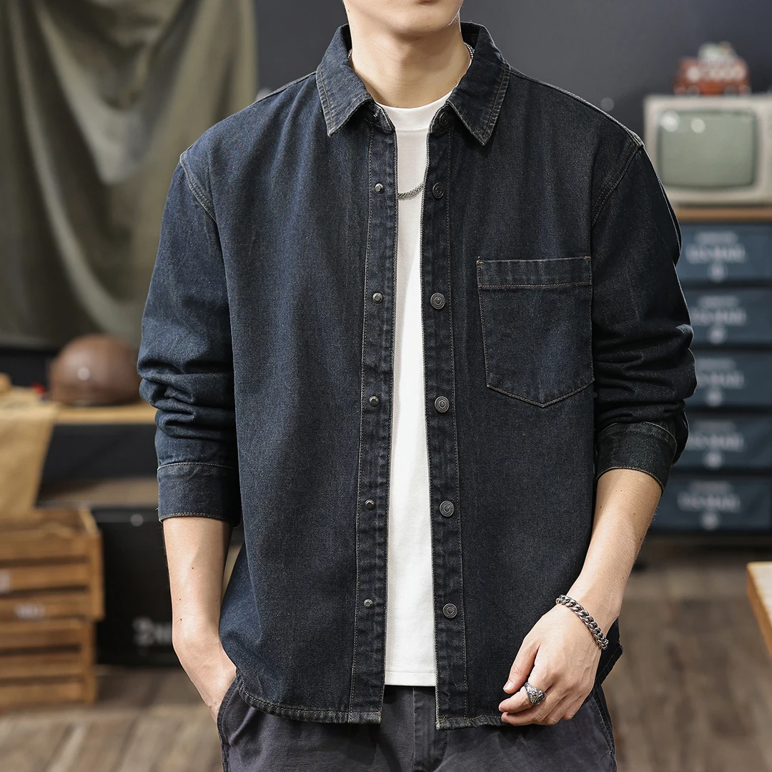 MR.MUDI/穆迪先生原浆水洗固色牛仔长袖衬衫男士秋季宽松衬衣外套