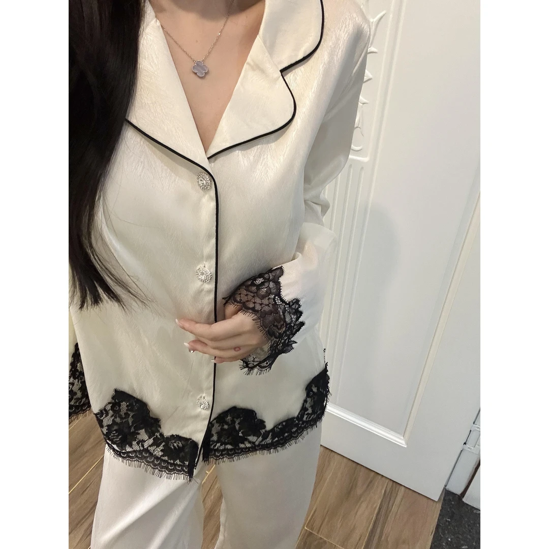 【白月光蕾丝】高级感花边冰丝睡衣女春秋新款气质外穿套装家居服