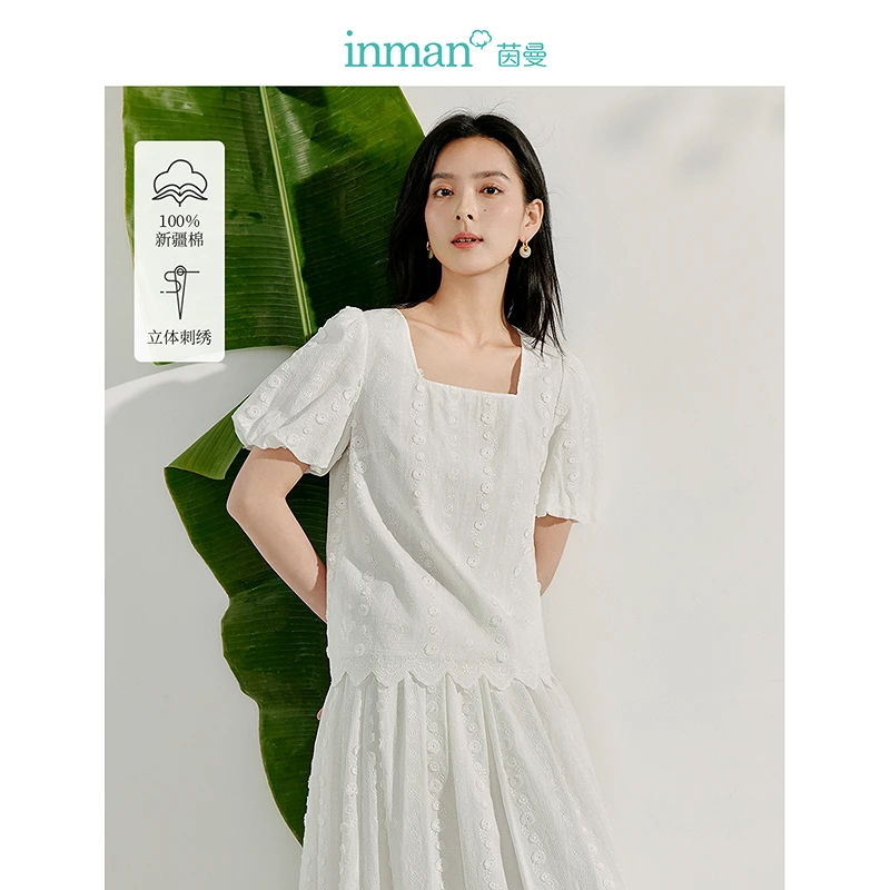 【欧若风新品】茵曼夏季纯棉白色刺绣衬衣法式花苞袖波浪花边衬衫女
