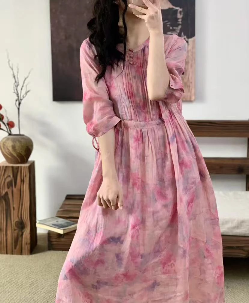 数码印花风琴折抽绳连衣裙