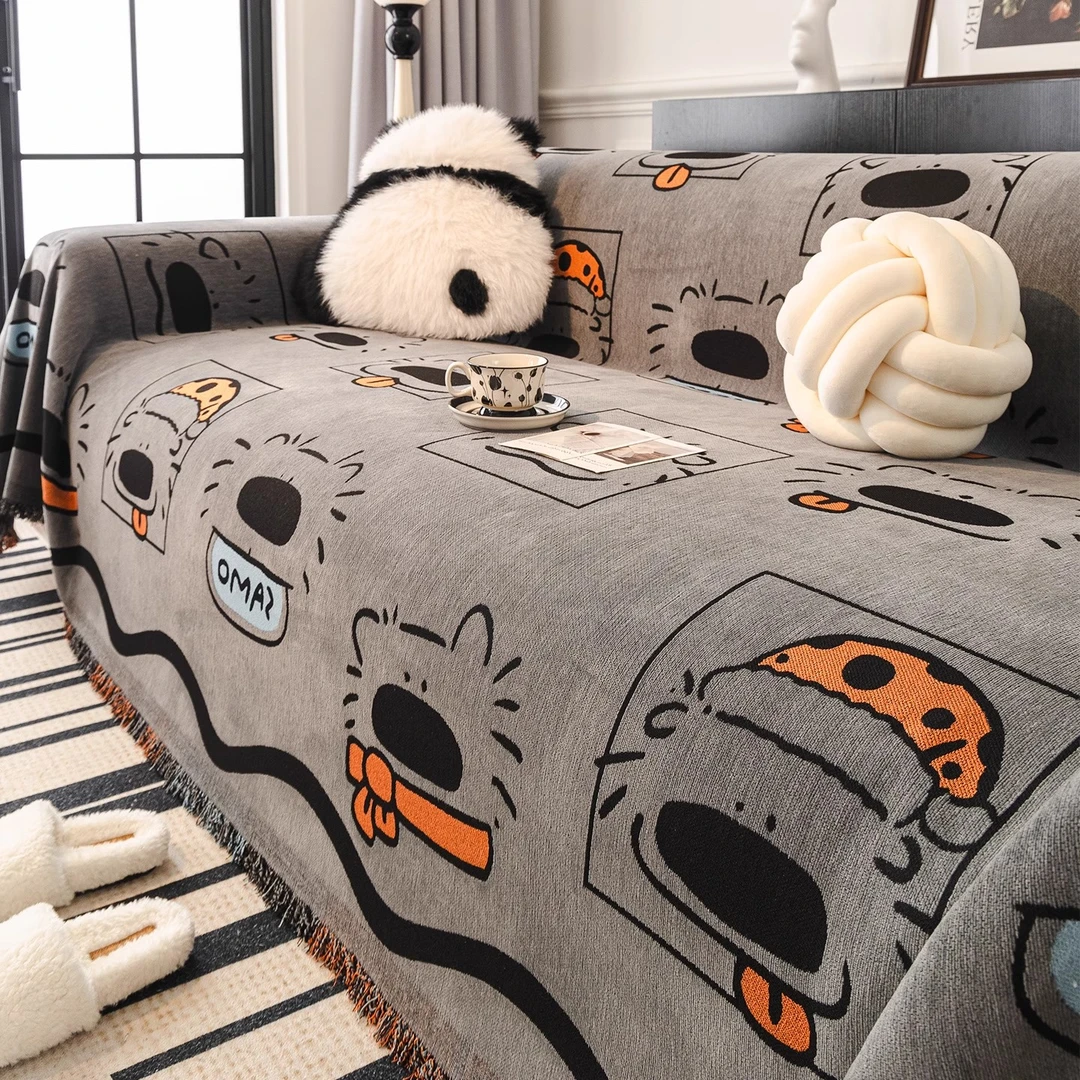 萌小兽灰色高级感卡通沙发盖布一整张全盖四季通用防滑套罩毯巾