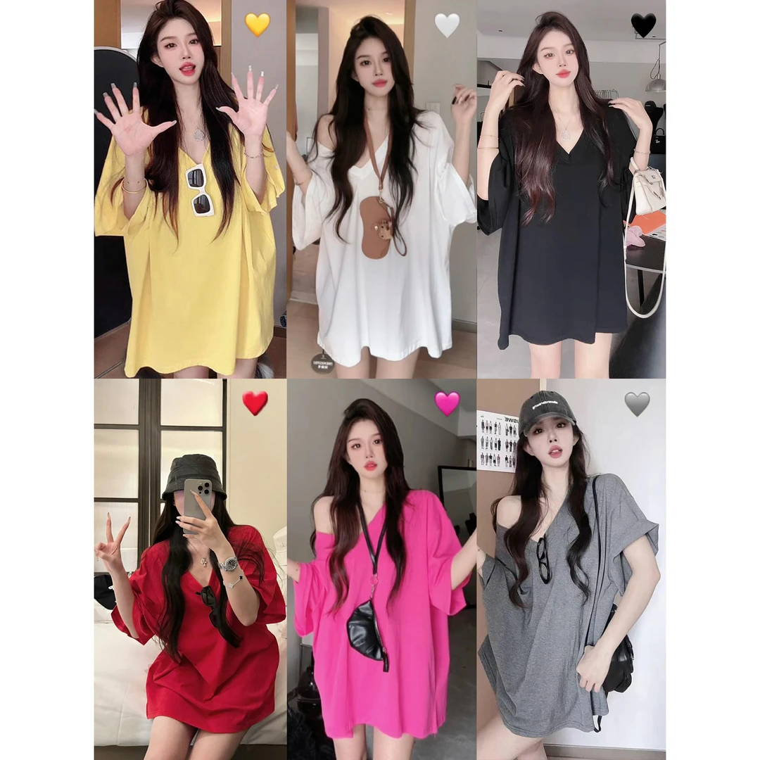 韩版V领t恤白色大版短袖女夏季宽松中长款遮臀Oversize慵懒风上衣