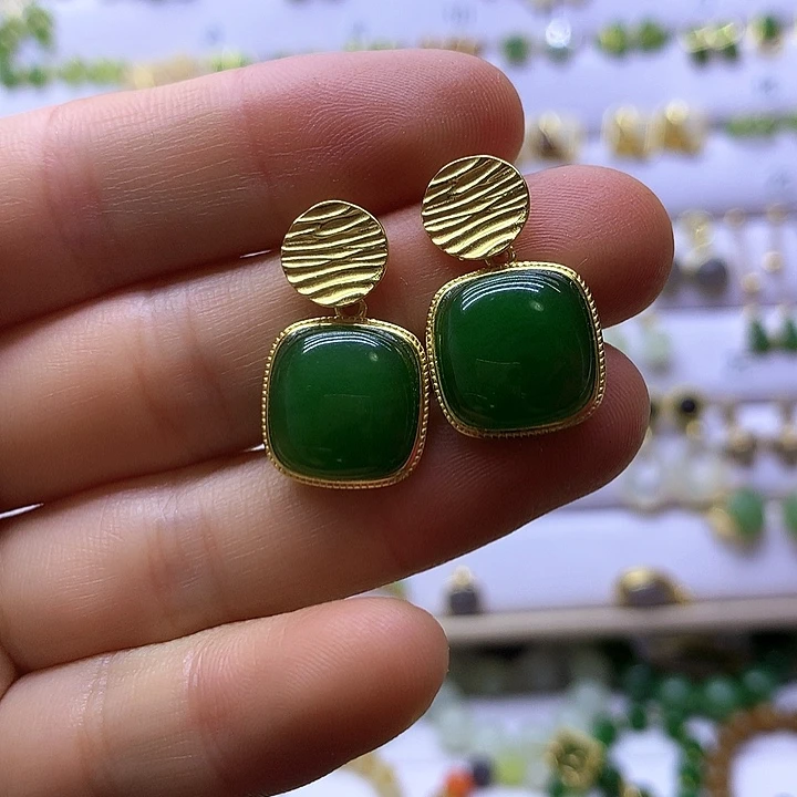 和田玉银S925镶嵌耳饰