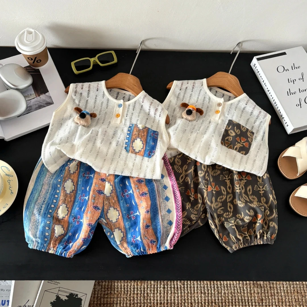 新款夏季儿童无袖背心套装男女童宝韩版透气凉感休闲时尚洋气薄款