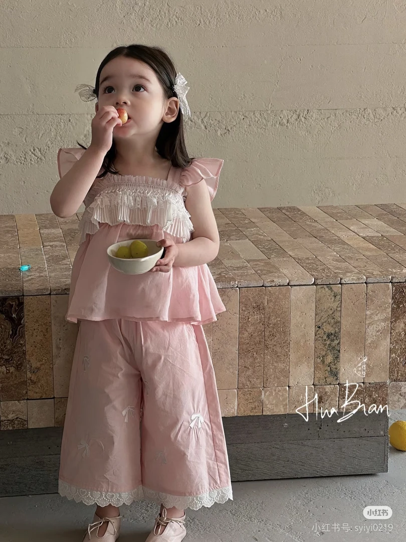 花编夏季新款女童时尚韩版休闲外穿粉色棉布套装
