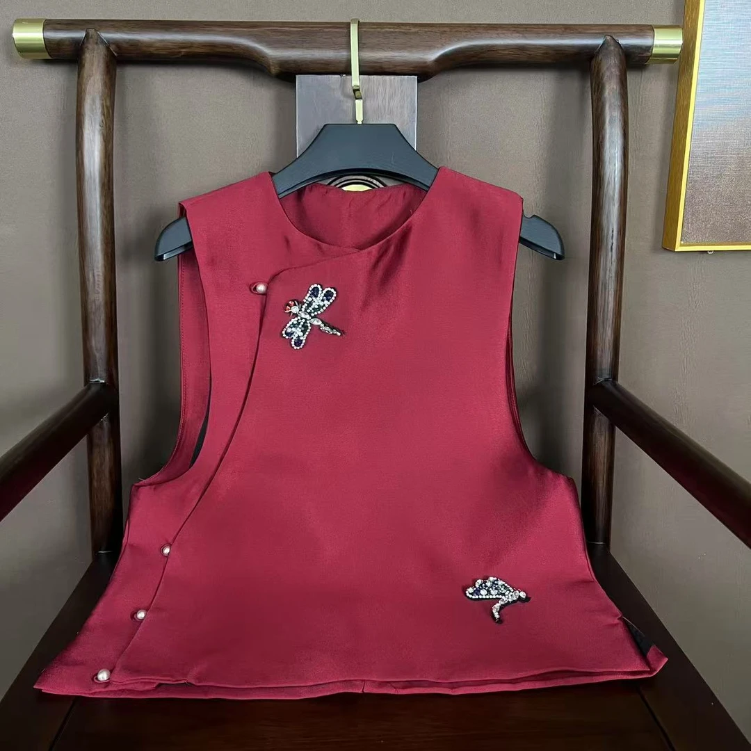 【蜻蜓】钉珠圆领女常规新中式民族风马夹无袖上衣唐装双层女士