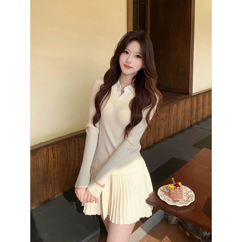 慵懒风通勤拼接POLO领长袖针织衫女冬季高腰百褶半身裙两件套1225