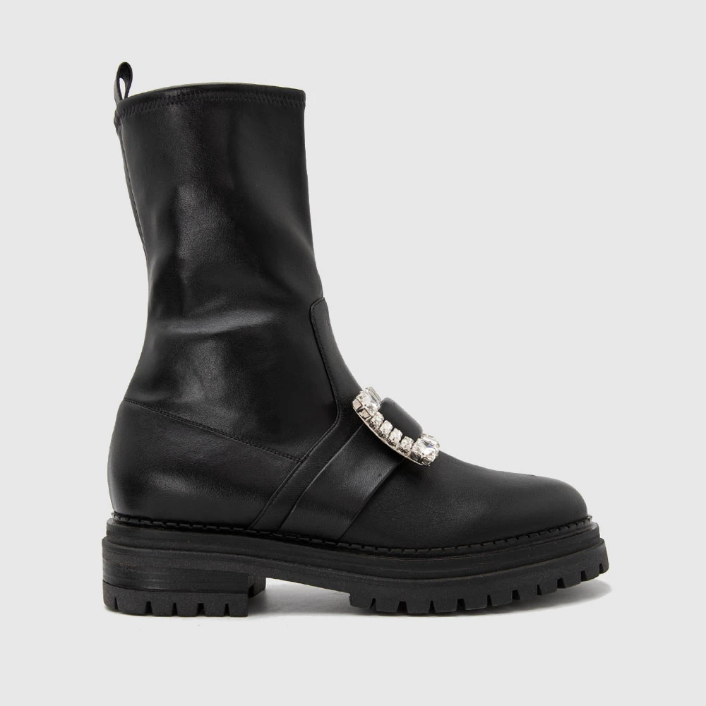 SERGIO ROSSI牛皮镶钻侧拉链女士中筒靴皮靴B04440MFI9791000470