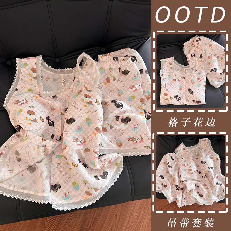 带胸垫睡衣女夏季新款甜美卡通花边格子薄款可外穿吊带家居服套装