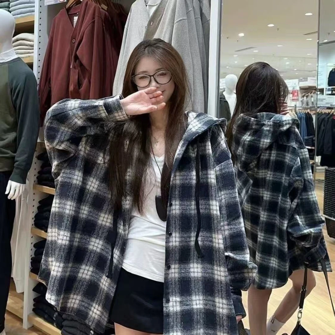 韩版磨毛宽松休闲格子连帽衬衫外套女秋冬时尚百搭慵懒格纹衬衣潮
