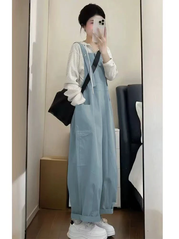 2025春季新款减龄背带裤一整套女休闲连帽条纹上衣工装蓝色连体裤