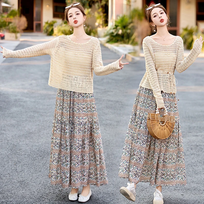 时尚减龄气质碎花套装裙女2025春夏新款针织镂空上衣半身裙两件套