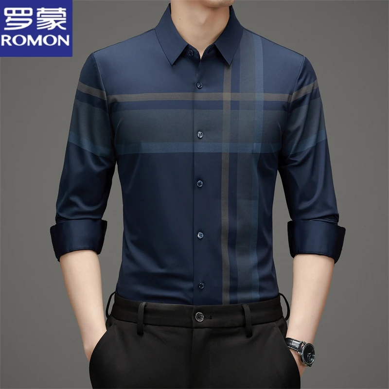 罗蒙春秋季新款男士无痕格子衬衫中年商务休闲长袖衬衣抗皱男装潮