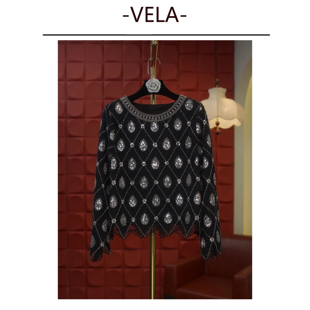 【水滴纹】秋季法式小衫轻奢亮片设计师款式长袖T恤