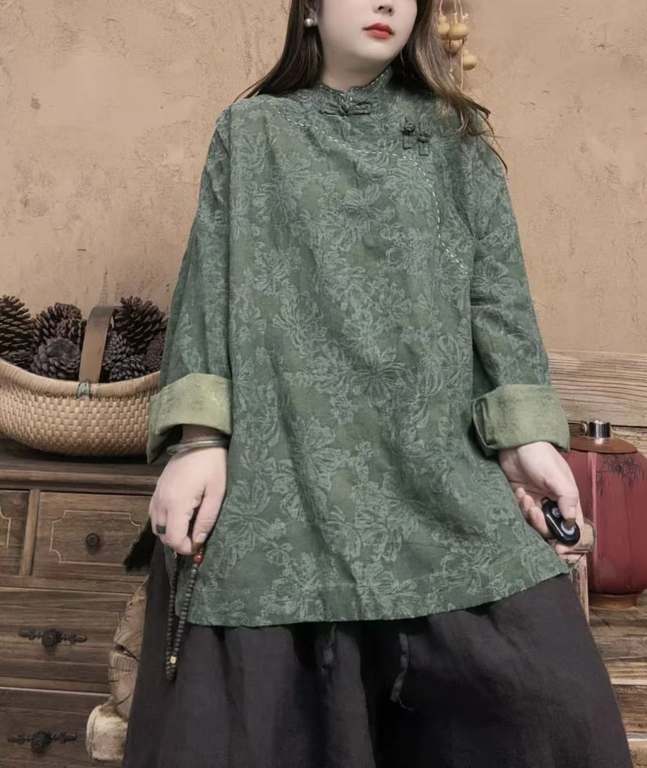 美子原创重工脏染提花亚麻手工立领长袖茶服（衣长70-73胸围140）