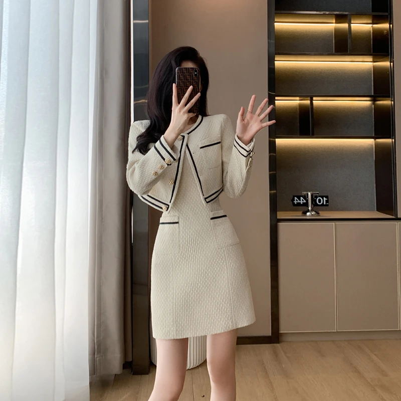 小香风优雅两件套连衣裙短款外套与吊带裙商务休闲多场连衣裙套装