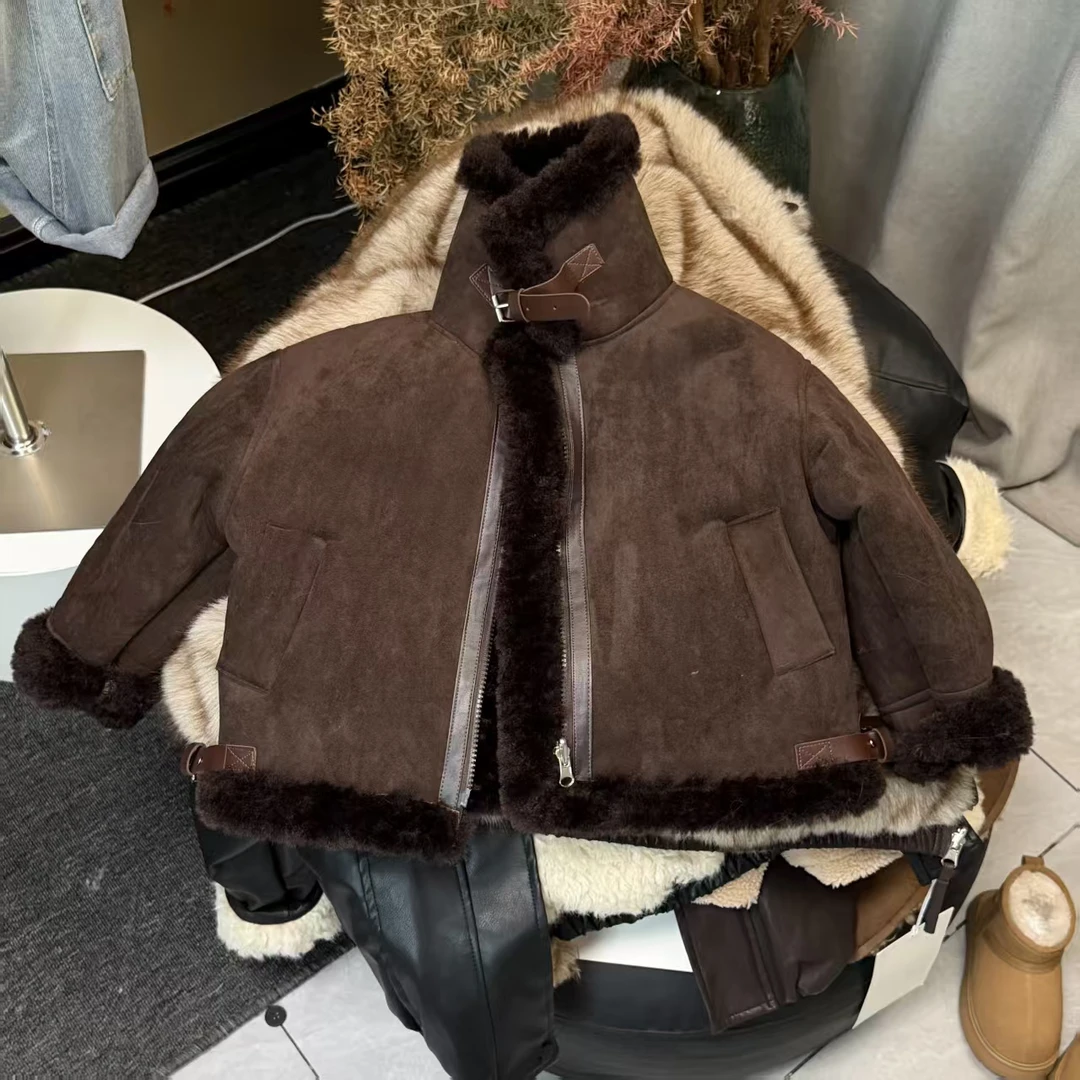 2025款超暖儿童秋冬装加绒外套冬款男女童时髦仿皮毛一体机车服