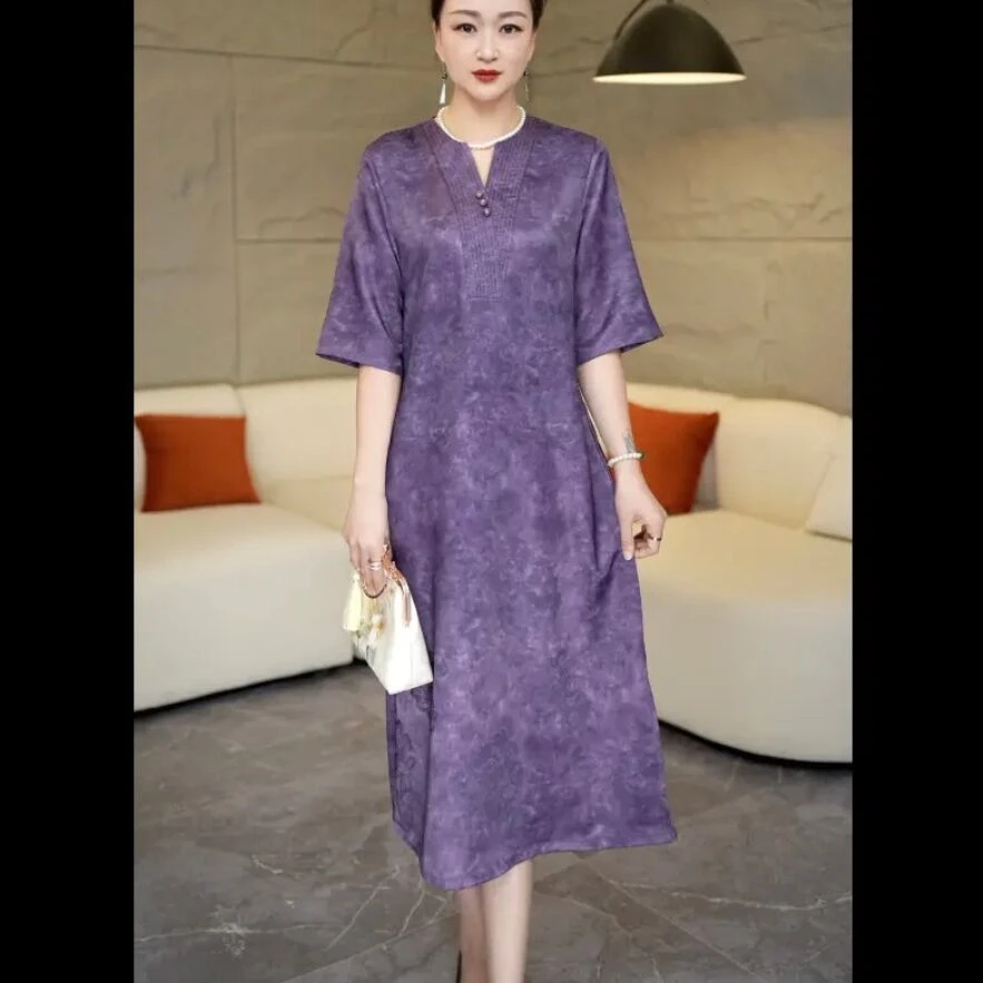 2025春夏季新款显瘦气质时尚中长款过膝连衣裙宋锦织花缎女装裙子