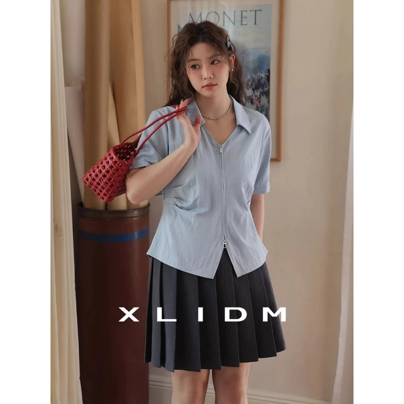 300斤特大码女装双拉链垂顺肌理开叉V字翻领抽皱收腰大码女装上衣