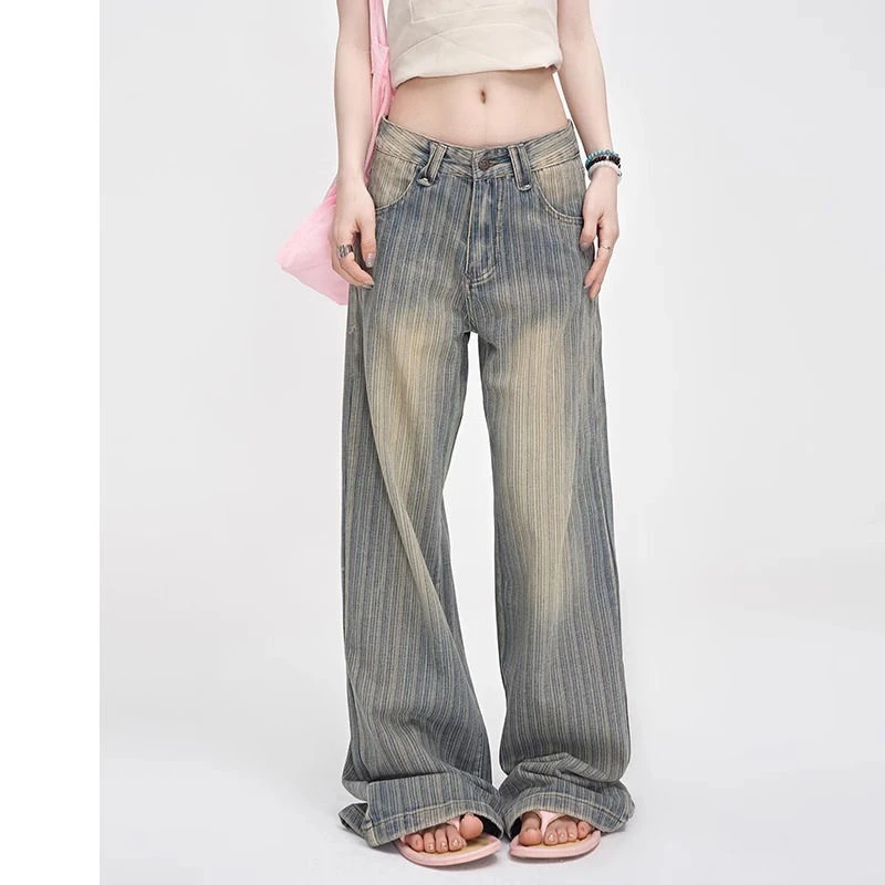 美式高腰顺条纹阔腿牛仔裤女春季新款小个子宽松显瘦拖地直筒长裤