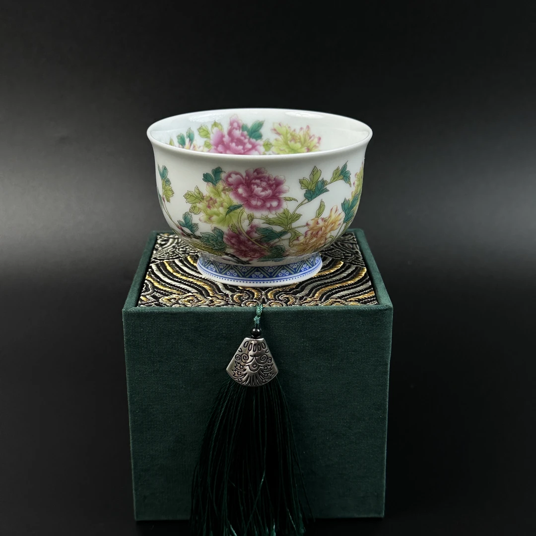 拟古山坊景德镇牡丹花主人杯品茗杯功夫茶薄胎瓷器粉彩花绘单杯