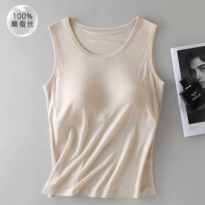 100%桑蚕丝带胸垫免穿文胸宽肩背心女 针织真丝透气无袖打底上衣