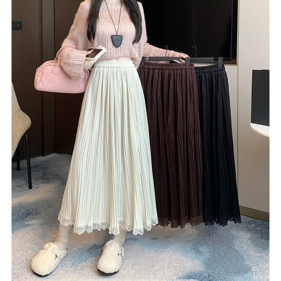 秋冬复古丝绒大码胖mm半身裙百褶裙蕾丝花边显瘦褶皱a字裙垂感女