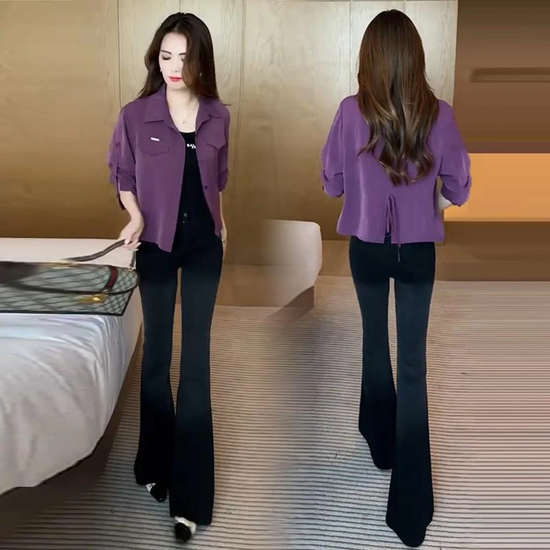 时尚宽松长袖衬衫女2025秋季小个子洋气百搭显瘦开衫薄款外套上衣