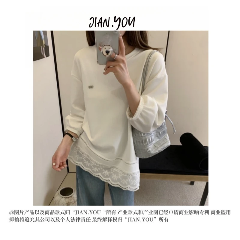 JIANYOU-「春日笔记」韩国单!25春季新款素色休闲蕾丝T恤FO-25035