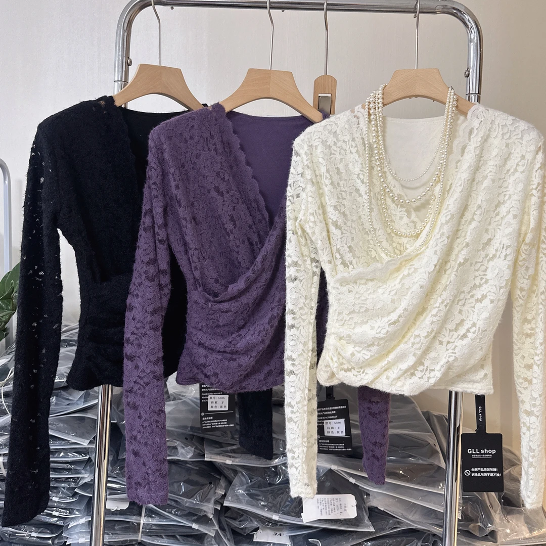 5586蕾丝加绒弹力上衣长袖