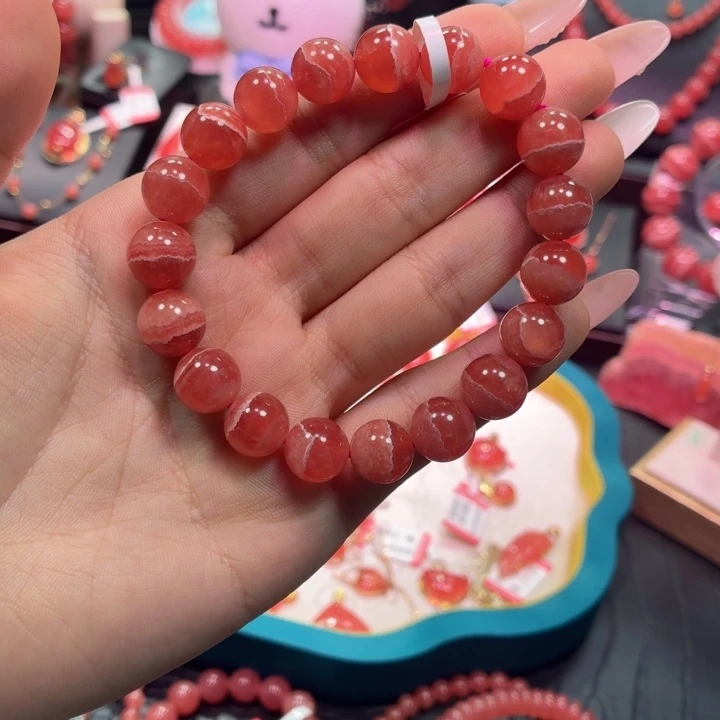 菱锰矿（红纹石）未镶嵌手串老矿毕业级一线天10.5mm