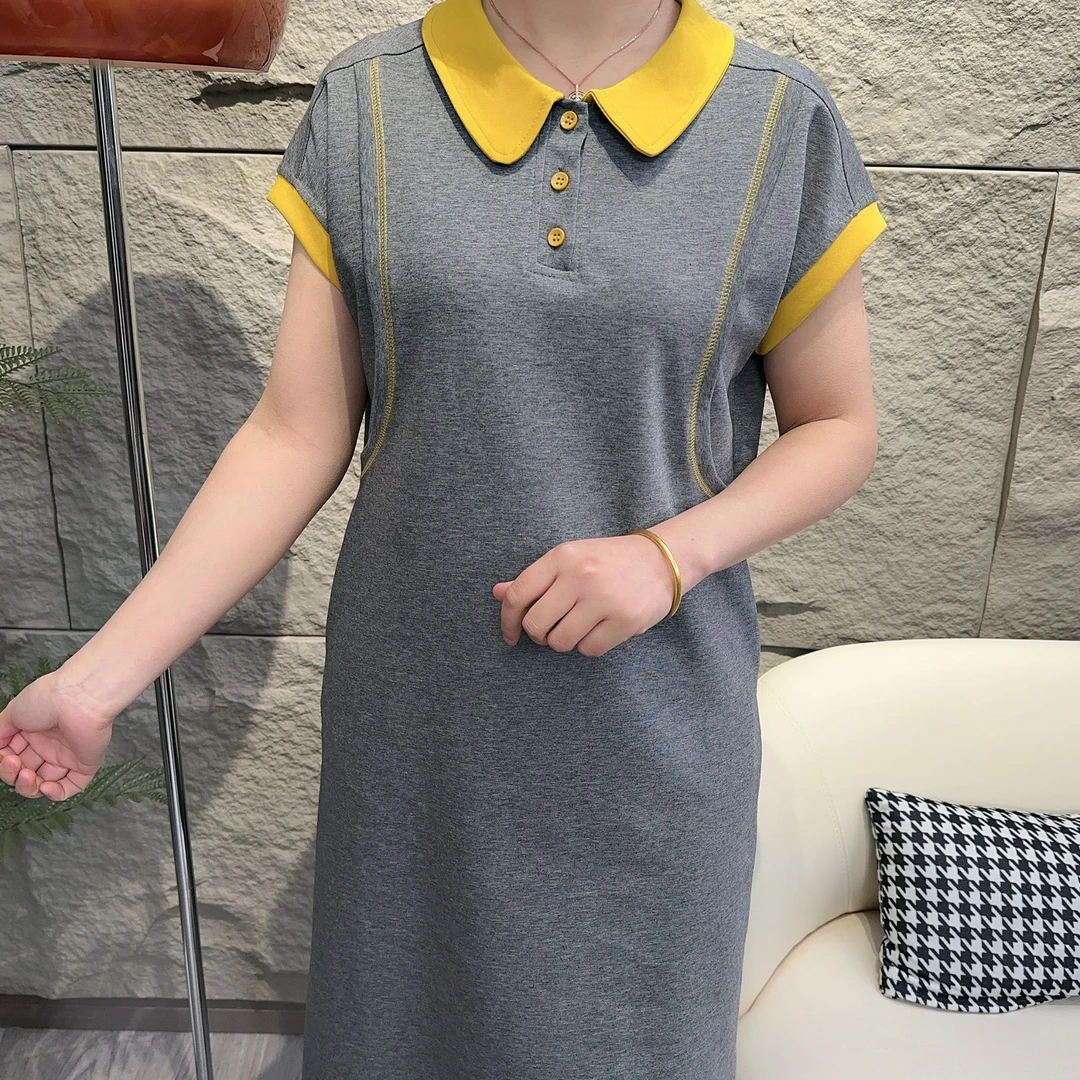 夏季POLO裙显瘦气质休闲拼色口袋宽松连衣裙中长款翻领女