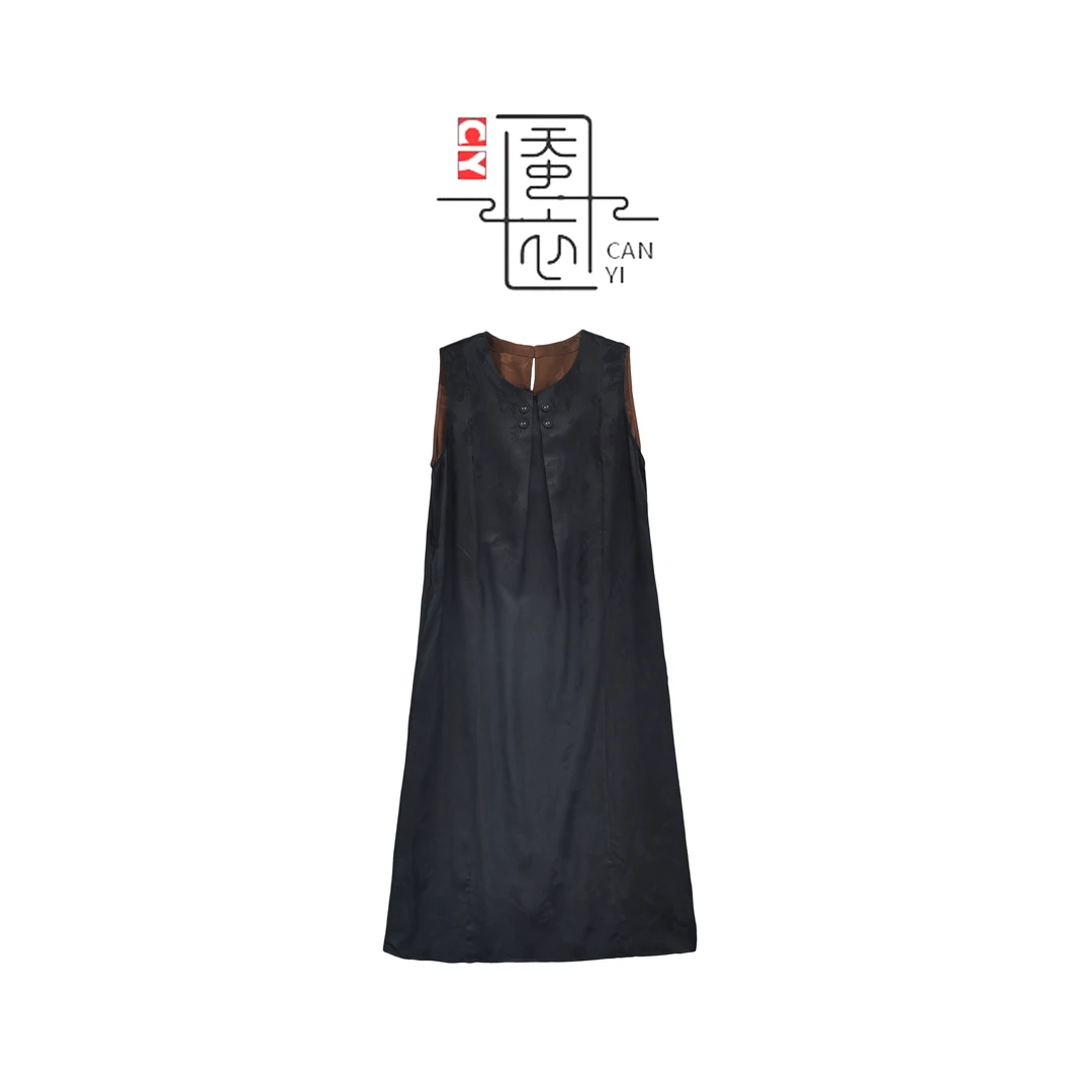 【简兮】新中式桑蚕丝香云纱夏季休闲时尚宽松纯色无袖百搭连衣裙
