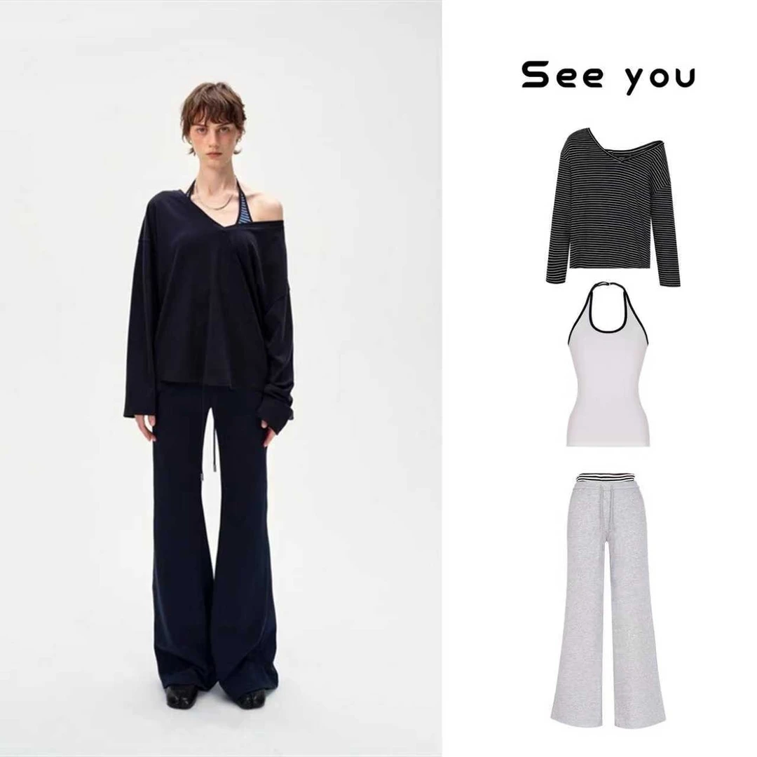 设计感挂脖条纹背心V领打底衫直筒休闲卫裤套装A1521+A1523+A1522