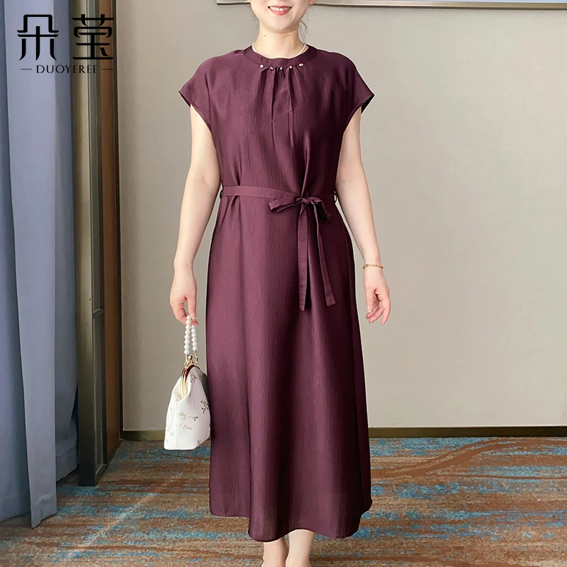 朵莹妈妈夏装连衣裙大码中年女洋气纯色裙子中老年时尚长裙25872