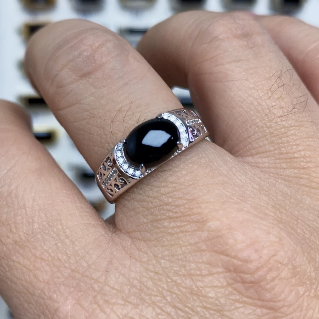 翡翠银S925镶嵌戒指墨翠戒指