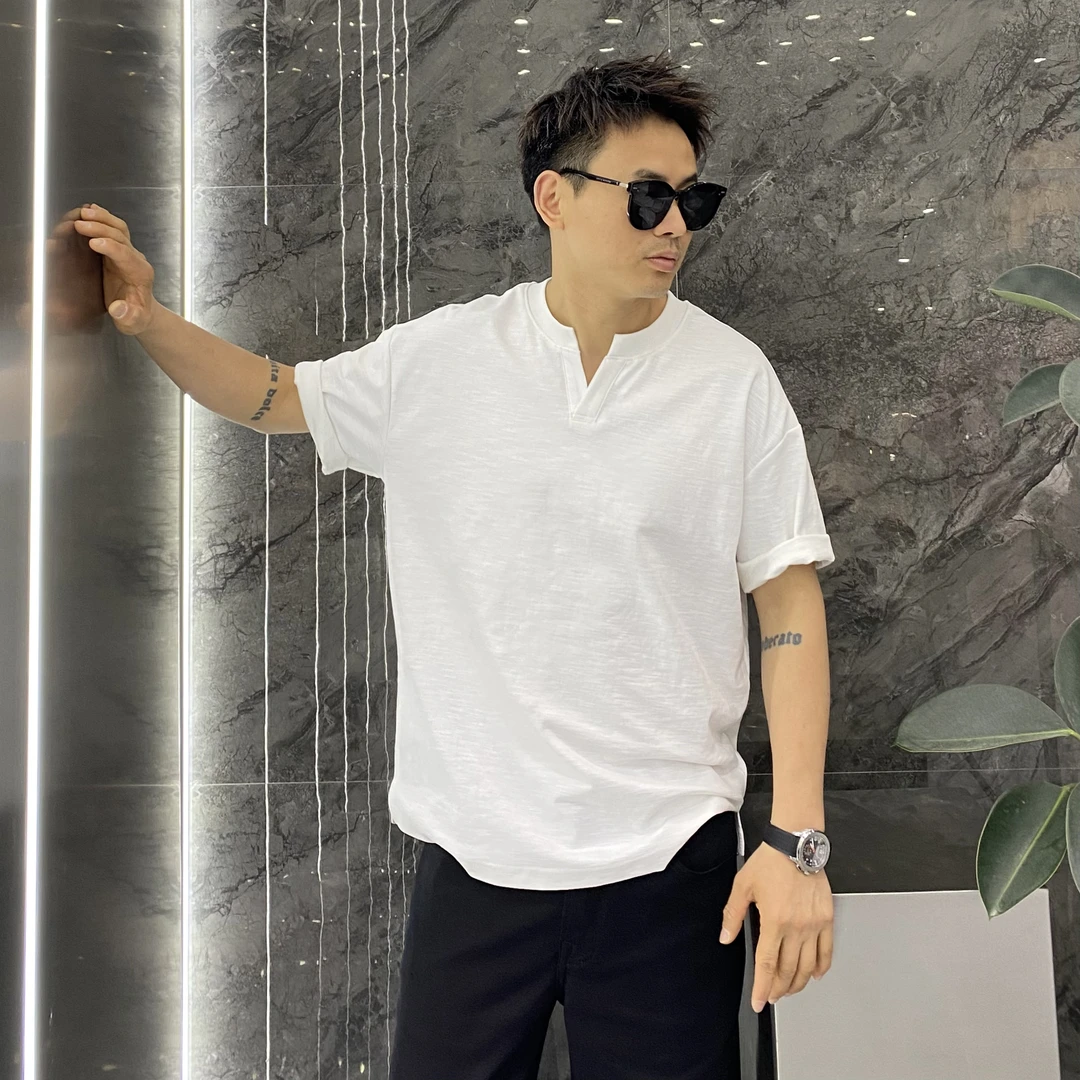 美式休闲慵懒风V领开衩弧形下摆弹力痞帅高级感百搭短袖T恤男