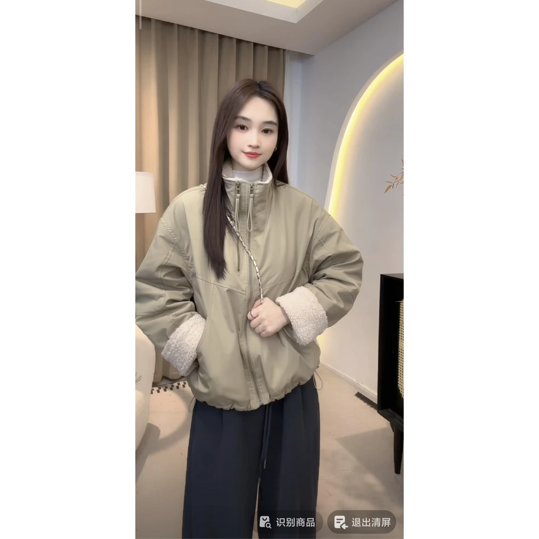 776短款2025仿羊羔毛双拉锁接派克服女小个子韩版休闲宽松棉服外
