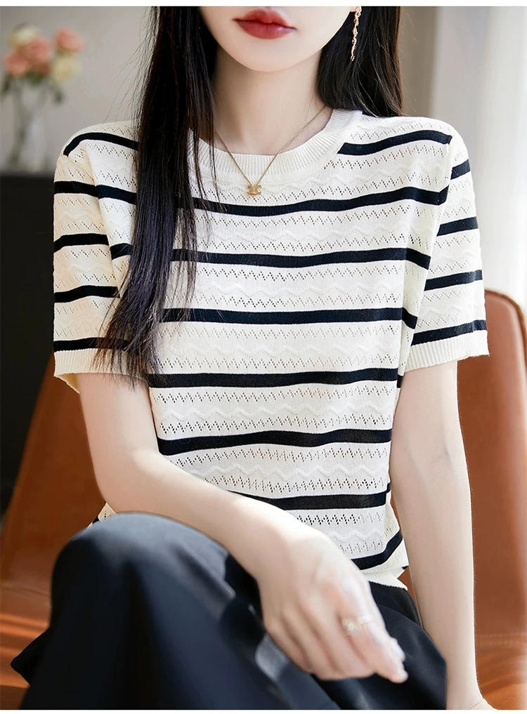 2025新款长女毛衣针织短袖彩虹夏季早秋条纹爆款气质时尚洋气宽松