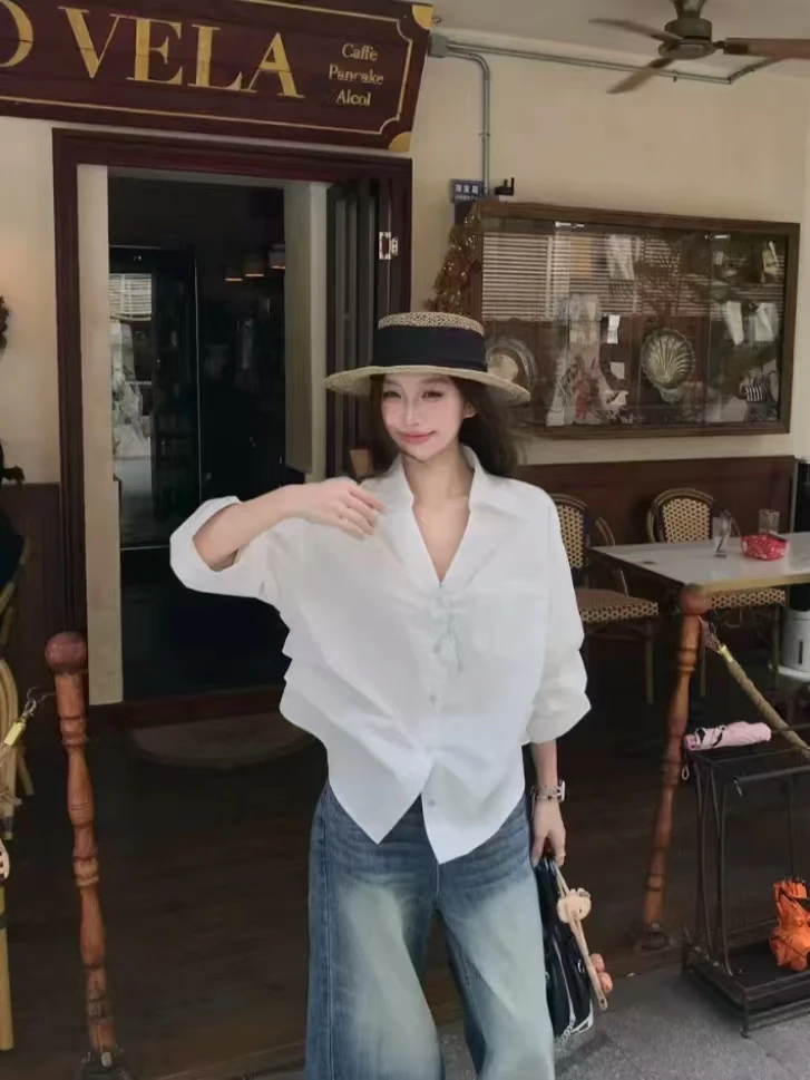 新款白色老钱风复古高级感气质长袖衬衣女装秋季腰显瘦衬衣5880