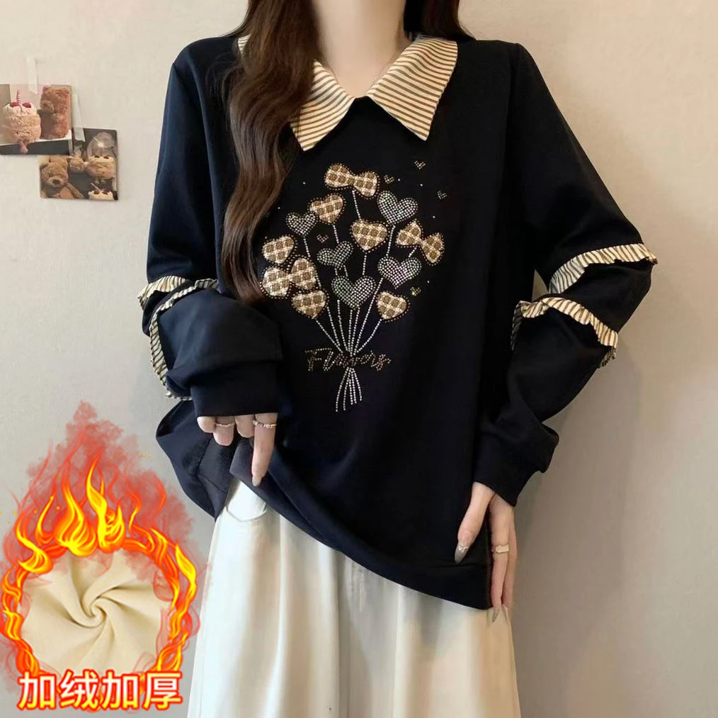 冬季复古新款加绒加厚假两件娃娃领减龄卫衣女休闲风宽松洋气上衣