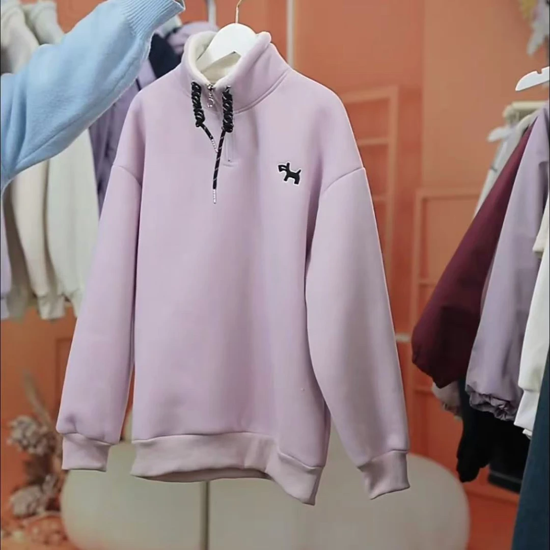 女大童冬季羊驼绒一体绒套头休闲卫衣半拉链中大童保暖长袖