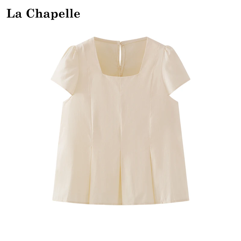 拉夏贝尔法式气质方领短袖飞袖小衫女设计感压褶减龄小众别致上衣